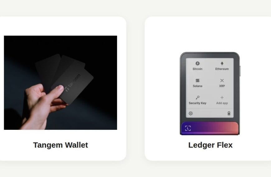 Tangem Wallet cards and Ledger Flex hardware wallet compared side by side using official product images