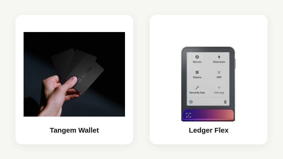 Tangem Wallet cards and Ledger Flex hardware wallet compared side by side using official product images